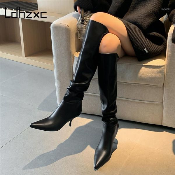 

boots ldhzxc 2021 genuine leather women stiletto heels pointed toe ladies shoes winter solid color knee high size 42 431, Black