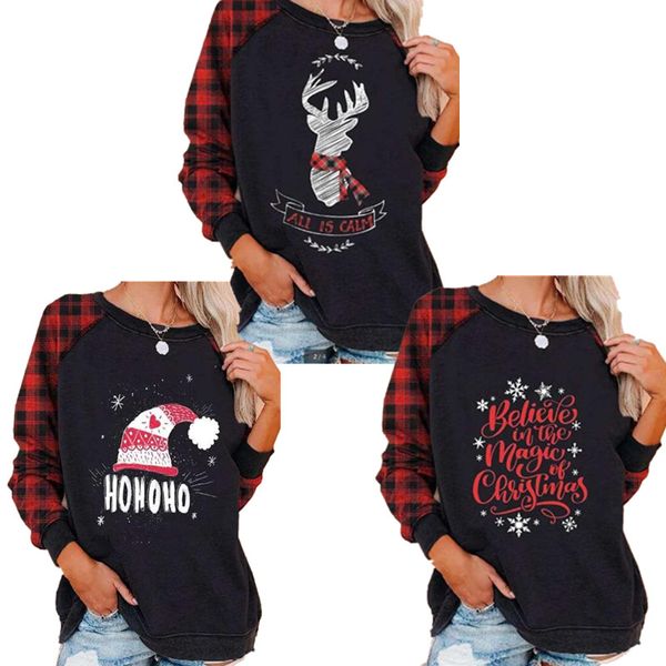 

christmas xmas женщин plaid пуловеры олени санта буффало пледы длинным рукавом лоскутная блуза костюм пижамы топ майка одежда ly11022, White