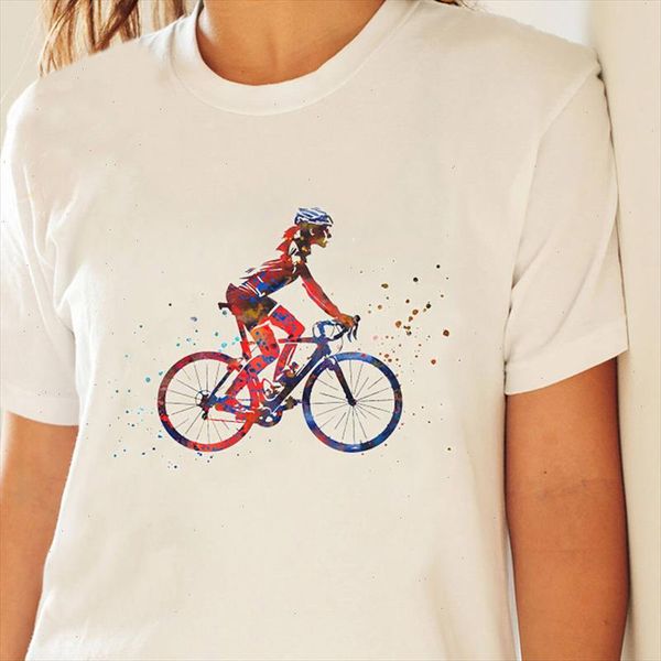 

womens t shirt summer watercolor printing t shirt bicycle extreme sports womens short sleeve harajuku graphic, White