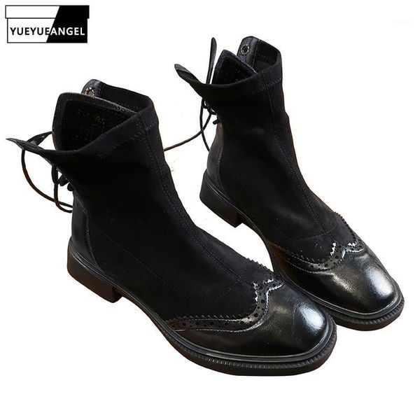 

boots women patchwork ankle wing tip lace up female block low heels biker casual streetwear classic black high shoes1