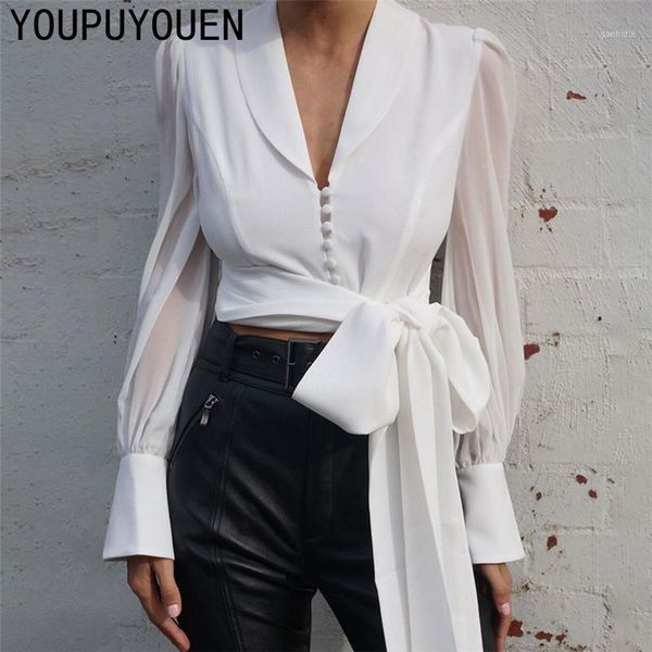 

spring fall 2021 women lapel long lantern sleeve button blouse fashion bow lace up white shirt ladies crop office clothes1