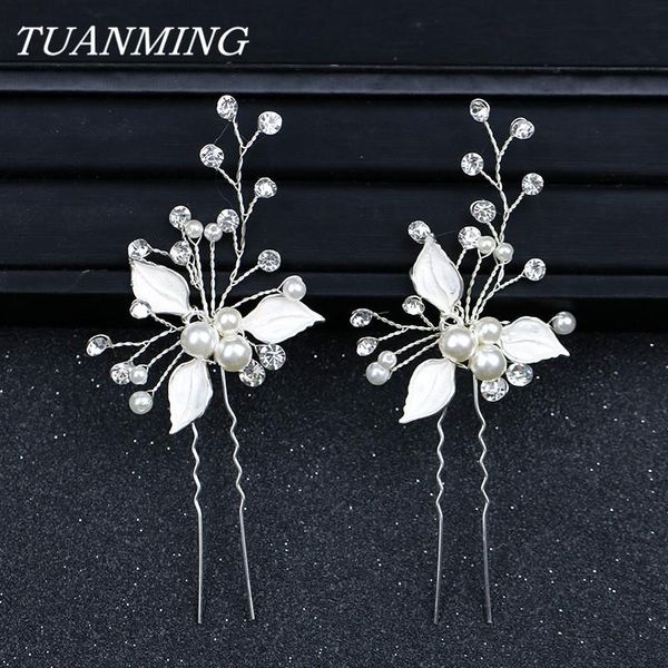 

silver color wedding hair pins leaves bridal hairpins pearl rhinestone hair sticks ornaments wedding women accessories, Golden;silver