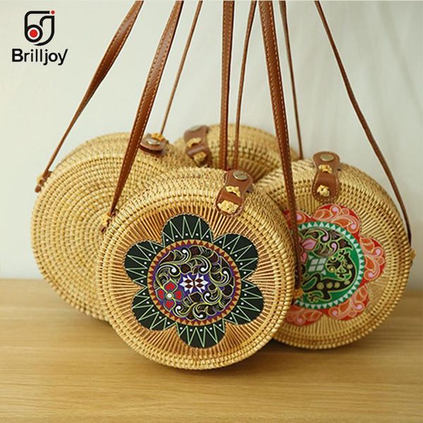 

brilljoy round bamboo handbags summer women handmade rattan bag circle box bali bohemian beach totes handbags knitting straw bag