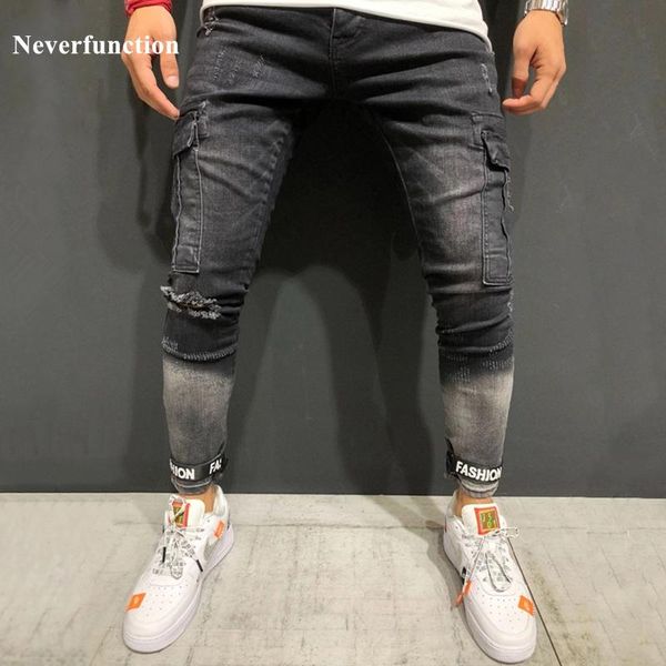 

men's jeans drop man personality multi-pocket cargo skinny biker stretch knee ripped distressed vintage motorcycle denim pants, Blue