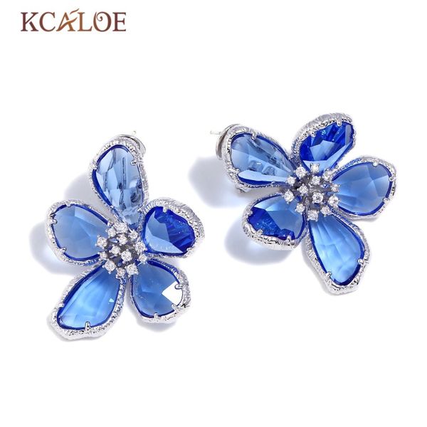 

kcaloe blue transparent crystal big flowers stud earrings for women rhinestone wedding engagement silver color luxury earring t200225, Golden