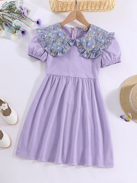 

girls ditsy floral statement collar puff sleeve dress she, Red;yellow