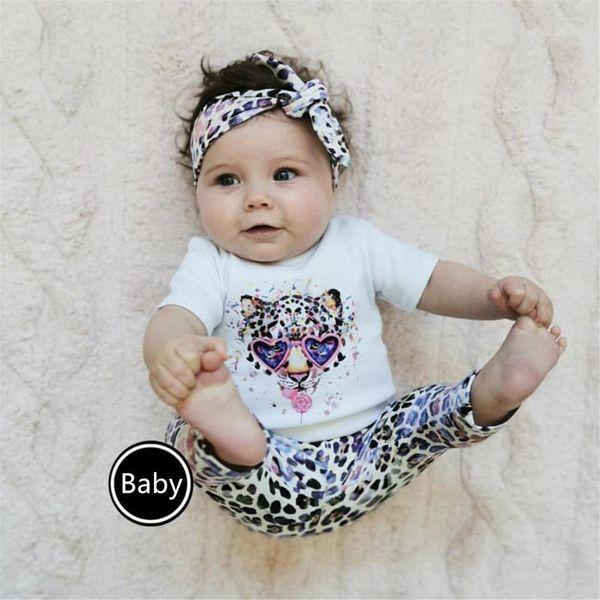 

newborn baby girls clothes set short sleeve color animal print t-shirt leopard pants and headband 3pcs infant toddler clothing 1021, White