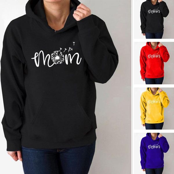 

mom letter dandelion printed hoodies women fleece long sleeve loose sweatshirt with hat women hoodie pullovers autumn winter, Black