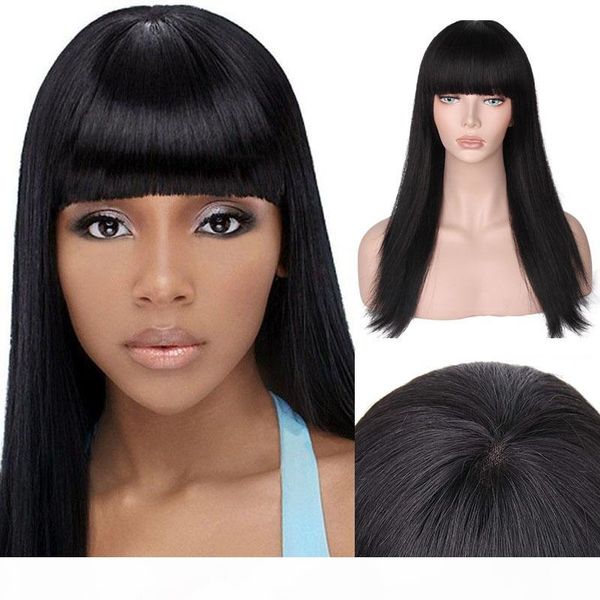 

100% unprocessed virgin remy human hair natural straight bangs aaaaaa natural color long full lace wig for women, Black;brown