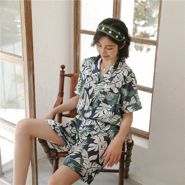 

july's song women spring summer pajama set faux silk v-neck pajamas printed leisure nightwear short sleeves shorts sleepwear y200708, Black;red