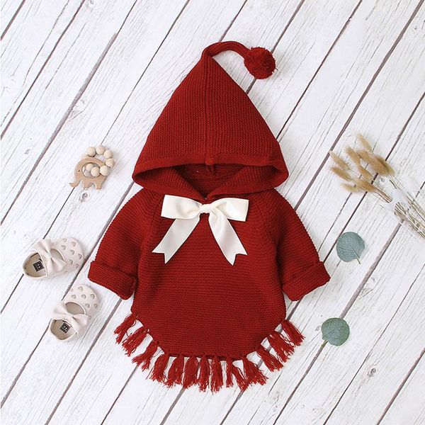 

pullover lzh autumn winter infant hooded cape sweater for baby girls bowknot knitted born clothes sweaters 0-2 years, Blue