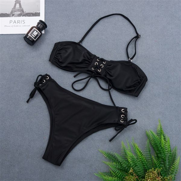 

2019 new striped split bikini multi rope black eye bra swimsuit, White;black