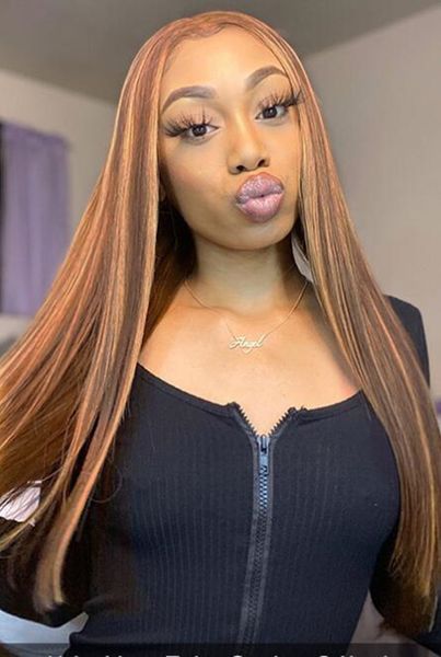 

lace front wig straight honey blonde brazilian remy highlight ombre lace front human hair wigs for women bleach knots, Black;brown