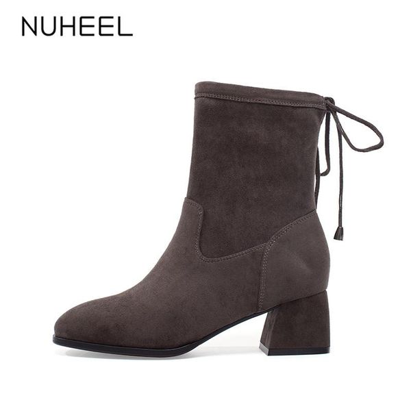 

boots nuheel women's shoes winter fashion wild square head ankle solid color high heel casual tide, Black
