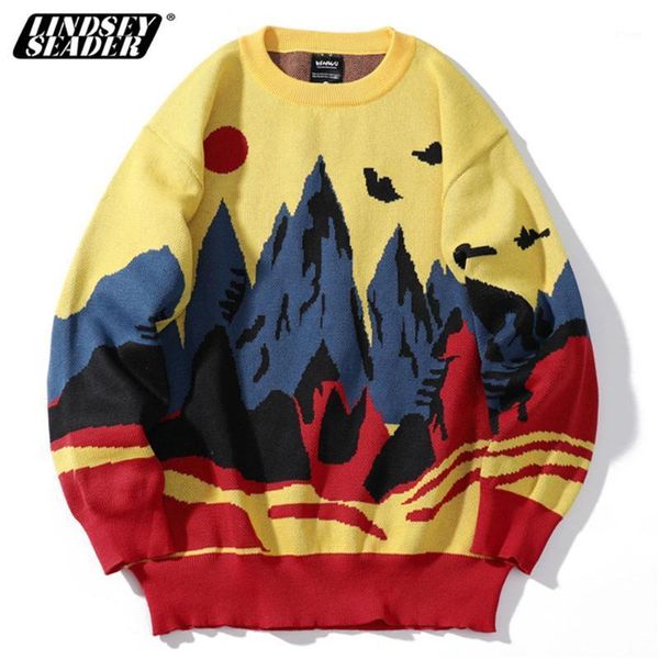 

2020 winter knittwear mens sweaters harajuku hip hop landscape painting fashion casual male pullovers outwear streetwear1, White;black