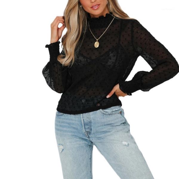 

women blouses shirts see-through high neck dot mesh sheer long puff sleeve shirt blouse summer ladies streetwear new1, White