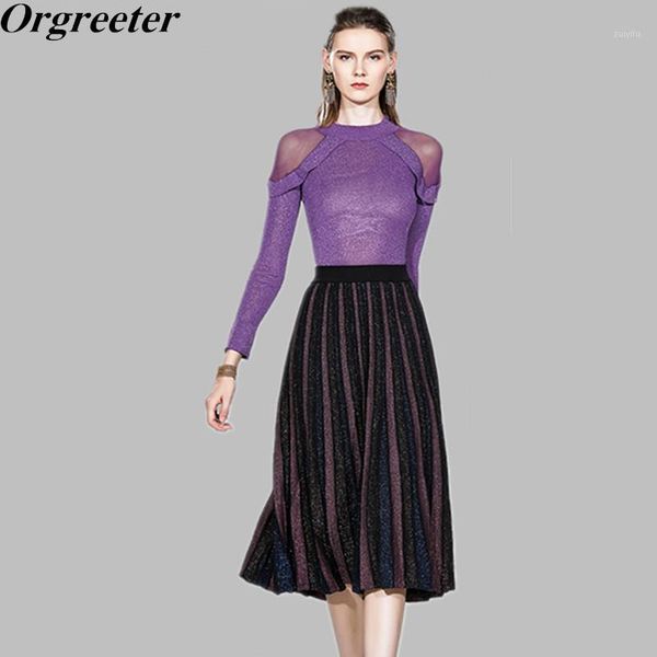 

skirt suit 2020 spring autumn fashiion see though shoulder solid jumper two piece striped skirt sets1, White