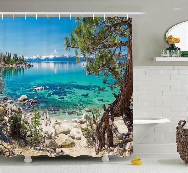 

room decorations shower curtain lake tahoe snowy mountain reflection on clear water rocky shore romantic view bathroom1