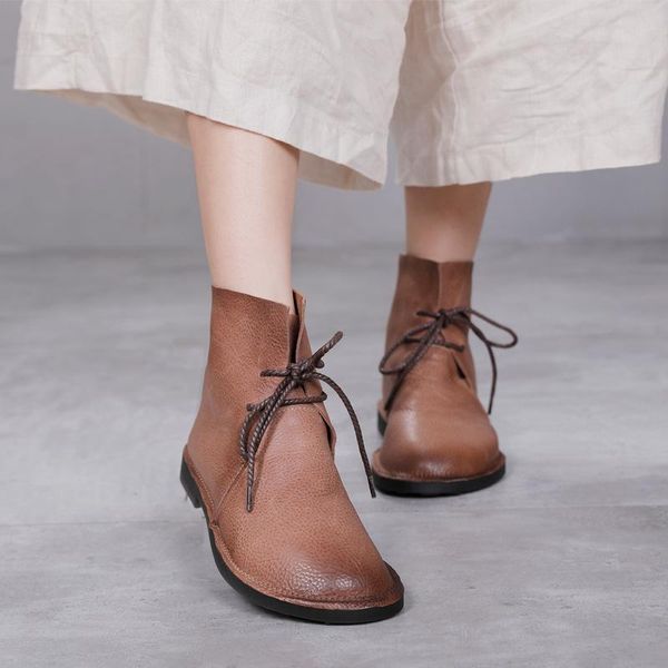 

nian autumn and winter leather soft bottom short boots female vintage lace up casual thin, Black