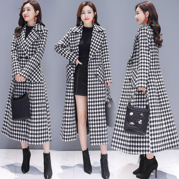 

woolen coat female houndstooth plus size 2020 autumn winter new korean slim thickened below the knee lattice women jacket 51m, Tan;black