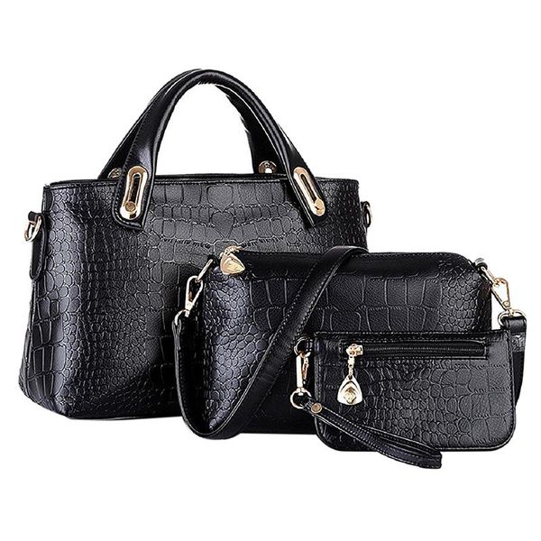 

unique shoulder bag crocodile grain three-pieces mother son messenger bag (black
