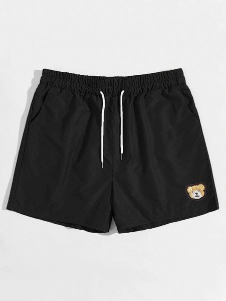 

romwe guys cartoon bear patched shorts f0fz#, Black