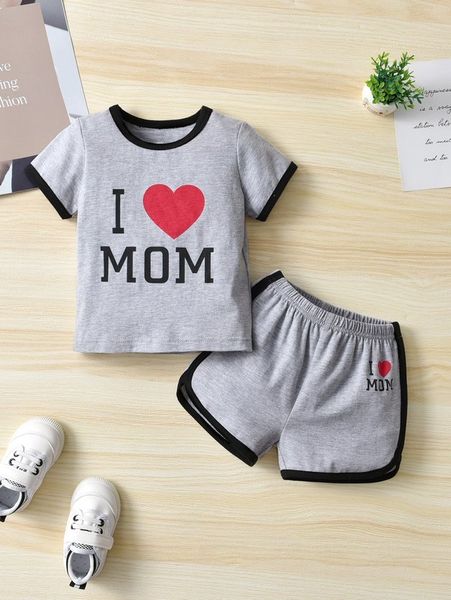 

baby heart & slogan graphic contrast binding tee & shorts she, White