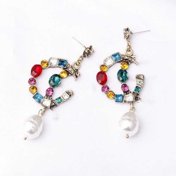 

colorful crystal letters earrings irregular pearl charm earring 925 silver drop ear studs ladies stud designer jewelry gifts, Golden;silver