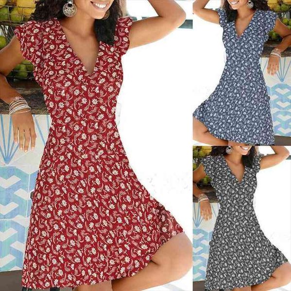 

vintage summer dress women dress casual v neck elegant boho floral print a-line dresses sundress robe femme, Black;gray