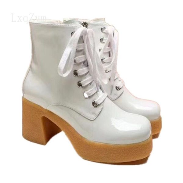 

patent leather female boots glossy party ankle boots women square toe zipper lace-up black motorcycle high heels
