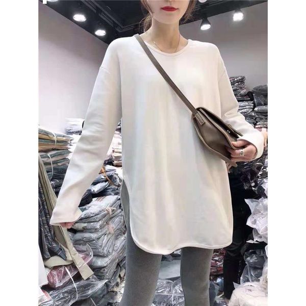

2021 new spring solid letter the-neck long sleeve female t-shirt of medium loose bottom white y442 u2j1