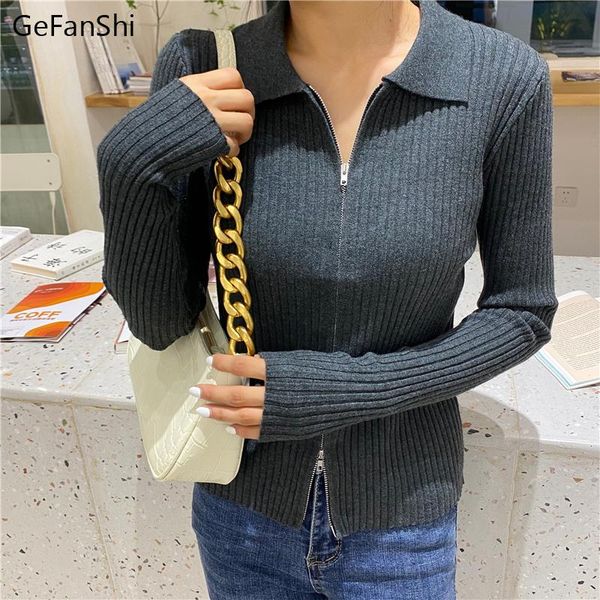 

women's knits & tees spring autumn fashion turn-down collar zipper cardigan knitted ladies sweater womens solid long sleeve cute knitti, White