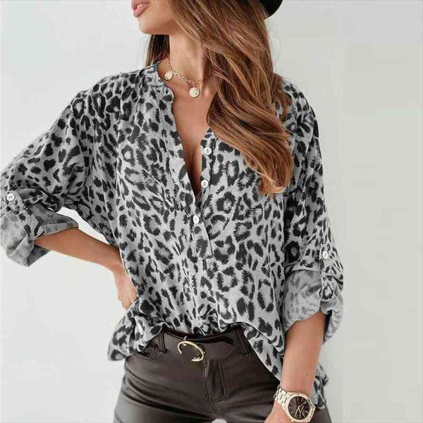 

casual adjust button long sleeve female blouse spring v neck leopard shirt blusa elegant women loose pullover, White