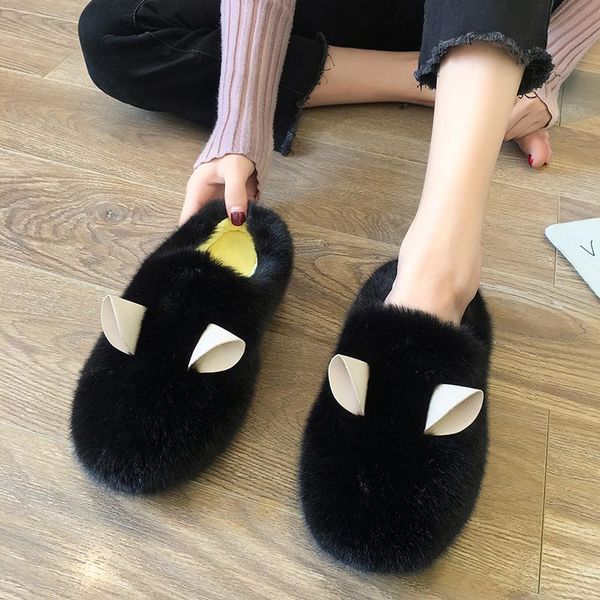 

slippers fluffy mules woman cuter ears decorate winter cotton shoes women girls plush pantuflas thick sole furry slides, Black