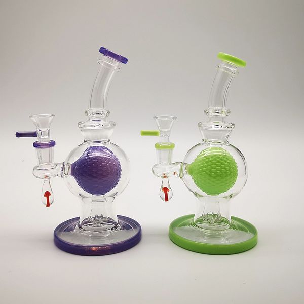 7 polegadas roxo do vidro verde Bong 14 milímetros Pipes junta esférica Perc Bongs água invertido Showhead Percolator taça Oil Dab Rigs com a bacia