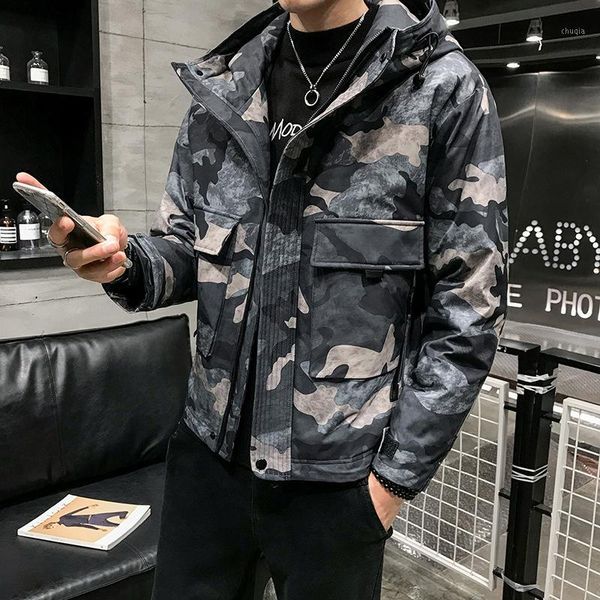 

2019 autumn & winter new arrival short hooded camouflage down jacket british slim pocket decorative cotton jacket, Black