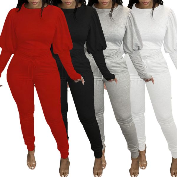 

women tracksuit two pieces set solid colour slim new bubble sleeve long pants home leisure ladies fashion suits outfits 2020, White
