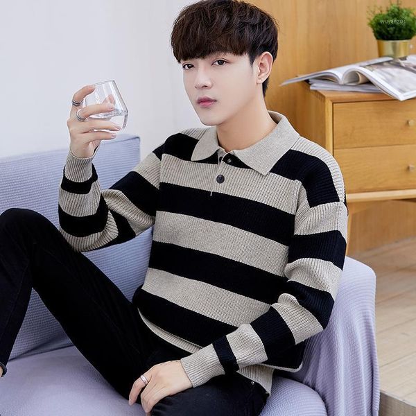 

2020 new winter sweater men loose casual handsome bottoming shirt male trend lapel striped long sleeve sweaters faci011, White;black