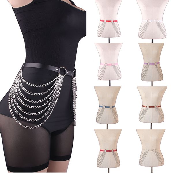 

solid color chain belt black pu leather waist strap goth punk body chain skirt adjustable girls body harness dance jewelry, Black;brown