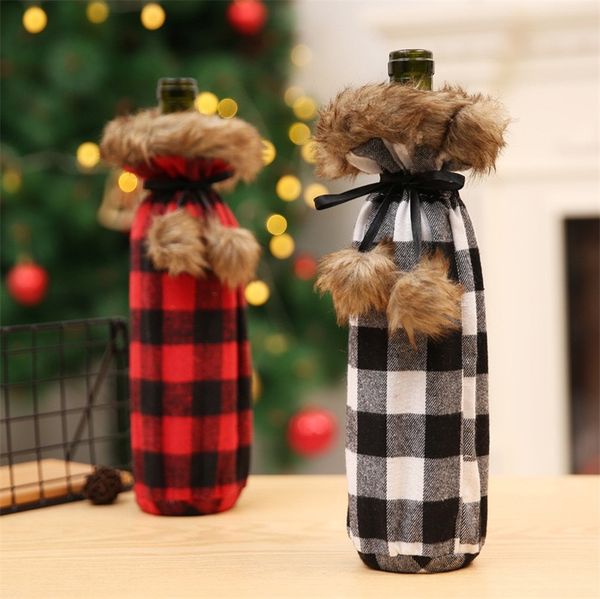 

with fur lined plaid wine bottle cover 2020 christmas drinks bottle clothes coat sleeve xmas party christmas decoration ornament e102104