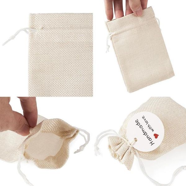 

1set burlap packing pouches drawstring bags with jewelry display kraft paper price tags and hemp cord twine string for bbywjc