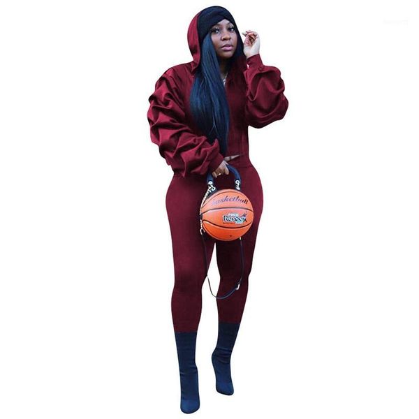 

women hooded sweatsuits 2 piece set solid color winter jogging outfits two piece set puff sleeve and pants women tracksuit1, Gray