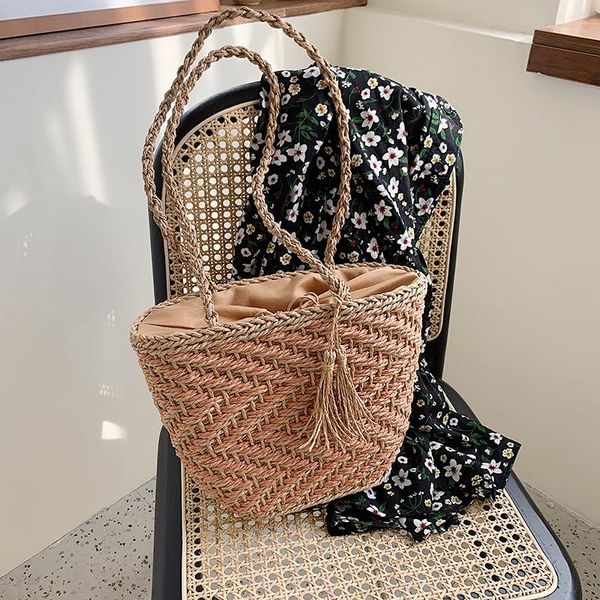 

women's solid color beach bags designer shoulder bags casual hand-woven handbag shopping large capacity lady messenger