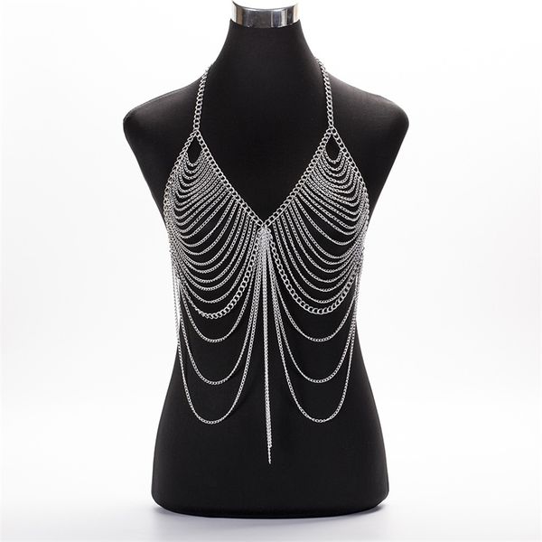 

2019 new fashion necklace bra chain female belly body jewelry summer beach party bikini body chain for women t200508, Silver