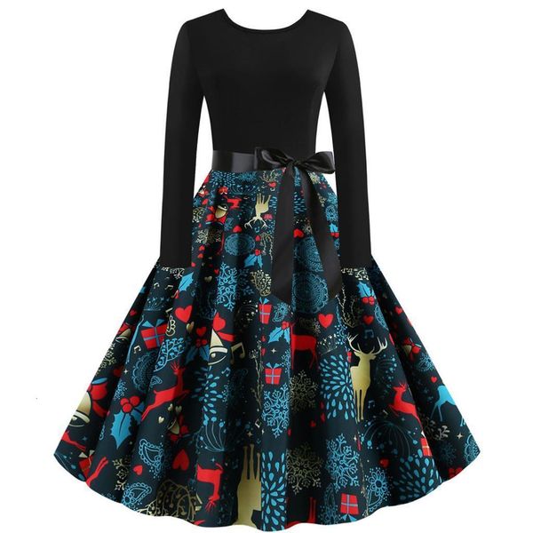 

christmas dress women vintage elk print long sleeve 1950s housewife evening party dresses elegant high waist sundress vestidos, Black;gray