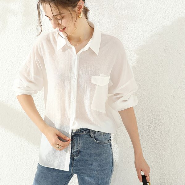 

2020 autumn new style hong kong style micro transparent elegant loose fold-down collar drop-shoulder sleeve chiffon shirt-8, White