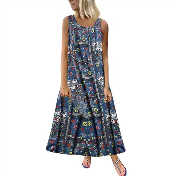 

women plus size maxi long dresses bohemian floral print sundress casual o neck sleeveless loose vestidos folk dress femme 29, Black;gray