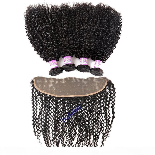 

mongolian kinky curly hair bundles with lace frontal closure brazilian virgin hair human hair 3 bundles with 13x4 ear to ear frontal closure, Black