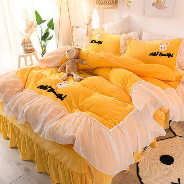

princess style baby velvet lace 4 pcs duvet cover bed sheet pillowcases embroidery yellow pink grass green full  king