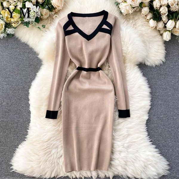 

spring knitted dress women long sleeve color patchwork elegant office dress slim stretchy casual ladies dresses, Black;gray